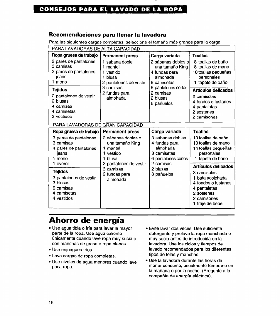 Recomendaciones para llenar la lavadora, Ahorro de energía | Whirlpool 8LSC6244BG0 User Manual | Page 39 / 49