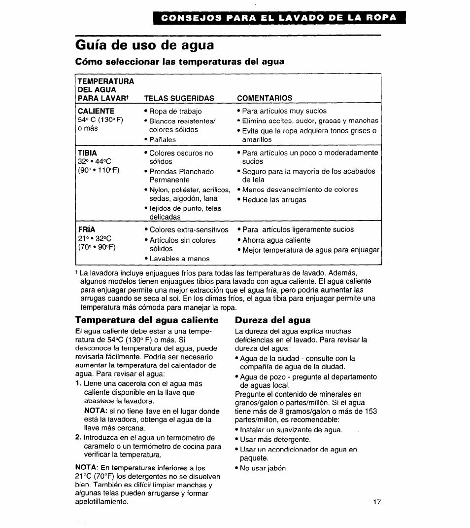 Cómo seleccionar las temperaturas del agua, Temperatura del agua caliente, Dureza del agua | Guía de uso de agua | Whirlpool 8LSC6244BG0 User Manual | Page 40 / 49