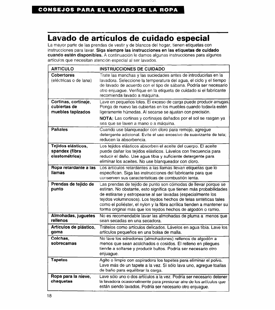 Consejos para el lavado de la ropa, Lavado de arltículos de cuidado especial | Whirlpool 8LSC6244BG0 User Manual | Page 41 / 49