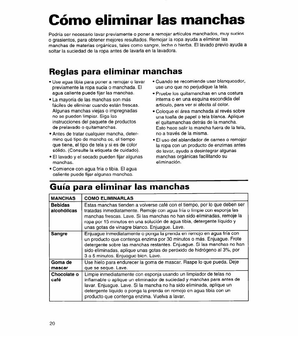 Cómo eliminar las manchas, Como eliminar las, Manchas | Reglas para eliminar manchas, Guía para eliminar las manchas | Whirlpool 8LSC6244BG0 User Manual | Page 43 / 49