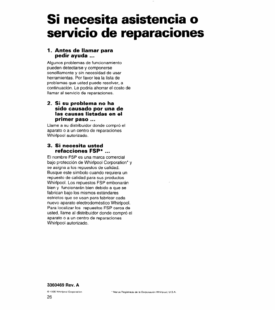 Si necesita asistencia o servicio de reparaciones, Si necesita asistencia o servicio, De reparaciones | Whirlpool 8LSC6244BG0 User Manual | Page 49 / 49