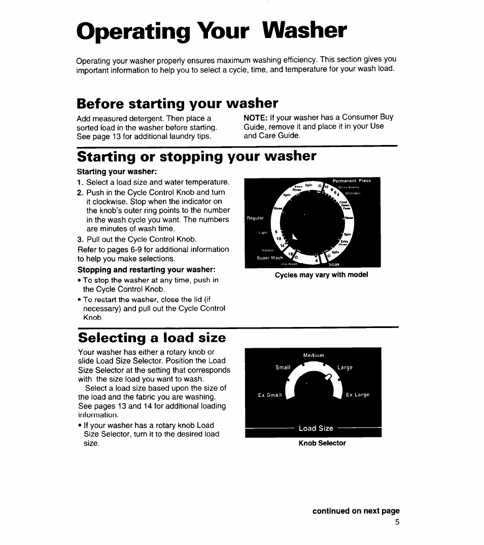 Operating your washer, Before starting your washer, Starting or stopping your washer | Selecting a load size | Whirlpool 8LSC6244BG0 User Manual | Page 5 / 49