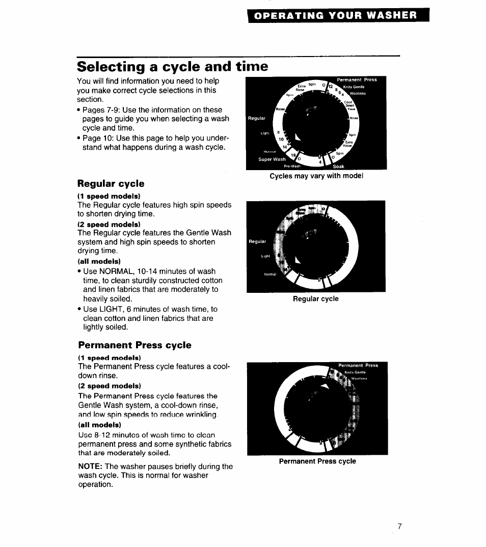 Regular cycle, Permanent press cycle, Selecting a cycle and time | Whirlpool 8LSC6244BG0 User Manual | Page 7 / 49