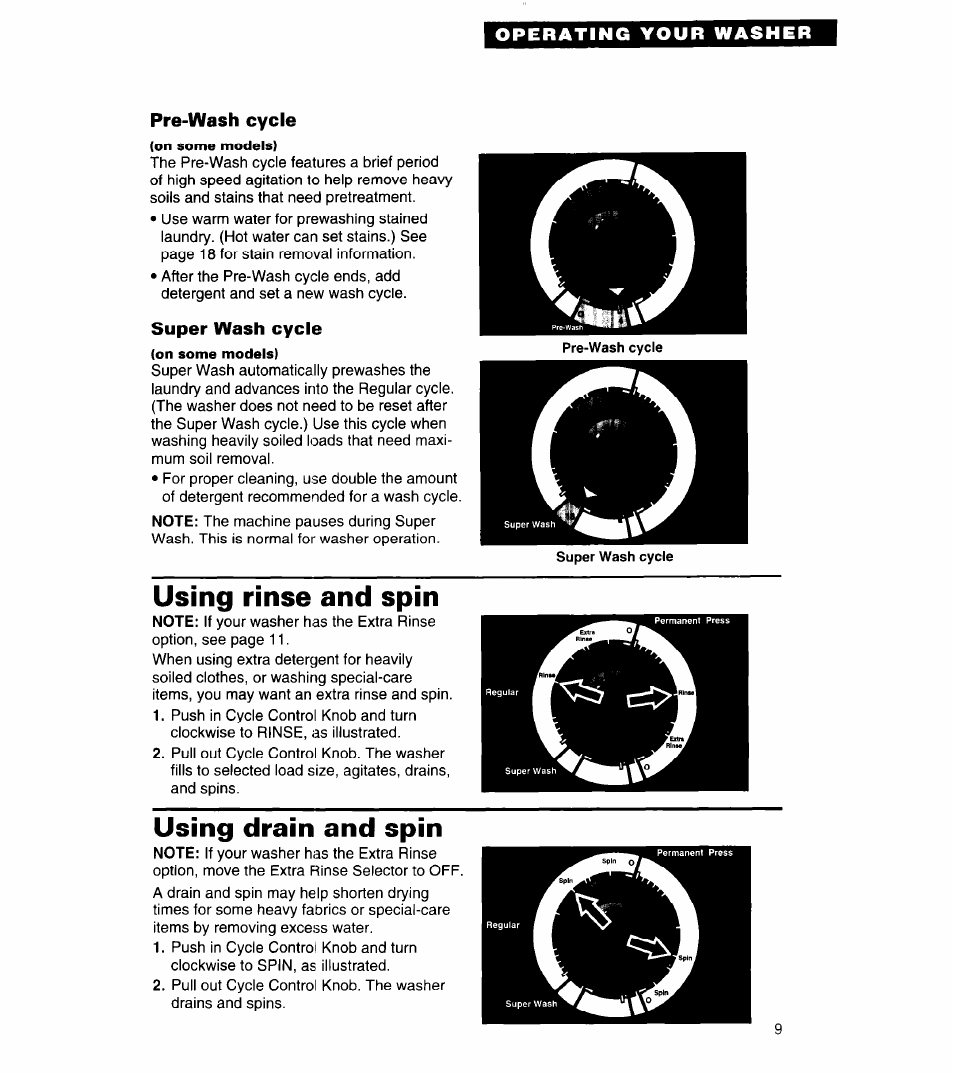 Pre-wash cycle, Super wash cycle, Using rinse and spin | Using drain and spin | Whirlpool 8LSC6244BG0 User Manual | Page 9 / 49