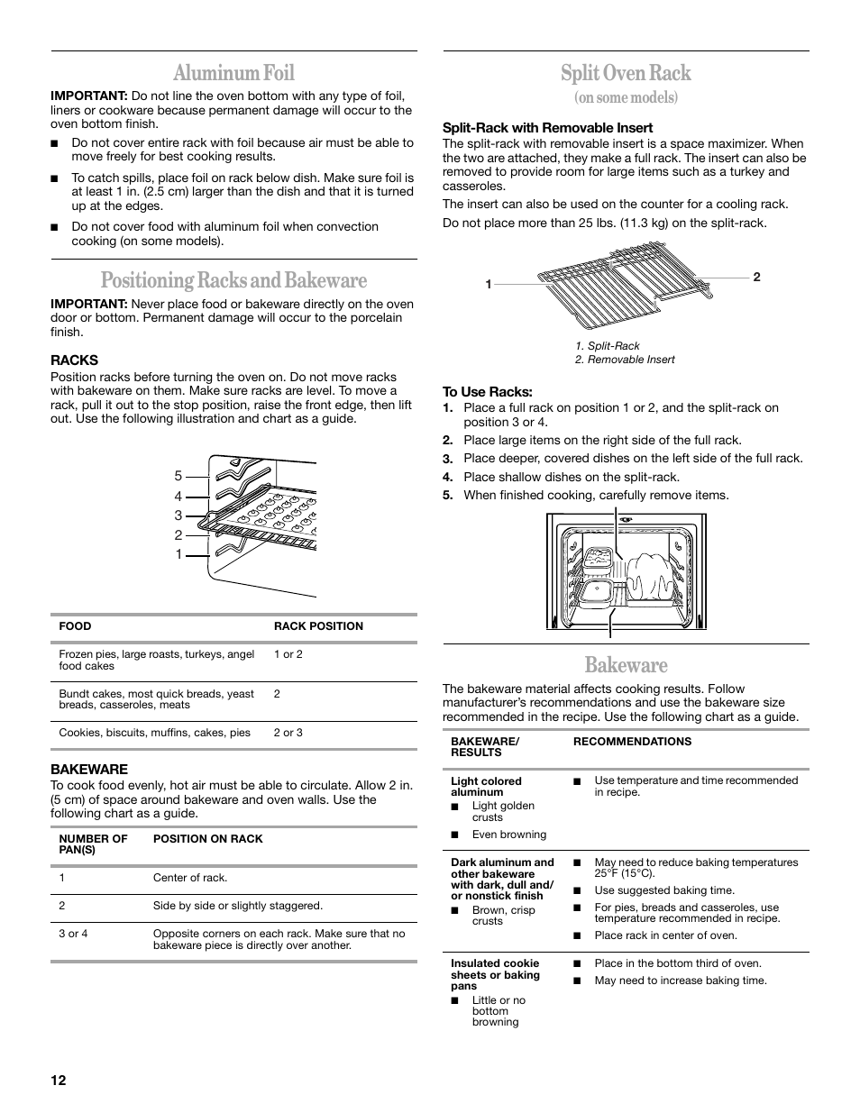 Aluminum foil, Positioning racks and bakeware, Split oven rack | Bakeware, On some models) | Whirlpool 9754384 User Manual | Page 12 / 24