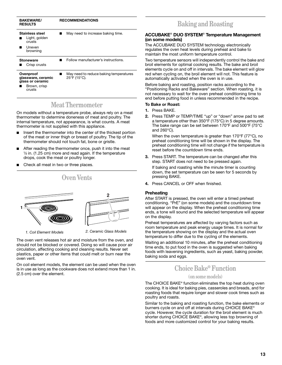 Meat thermometer, Oven vents, Baking and roasting | Choice bake, Function, On some models) | Whirlpool 9754384 User Manual | Page 13 / 24