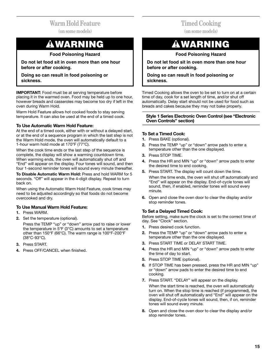 Warning, Warm hold feature, Timed cooking | Whirlpool 9754384 User Manual | Page 15 / 24