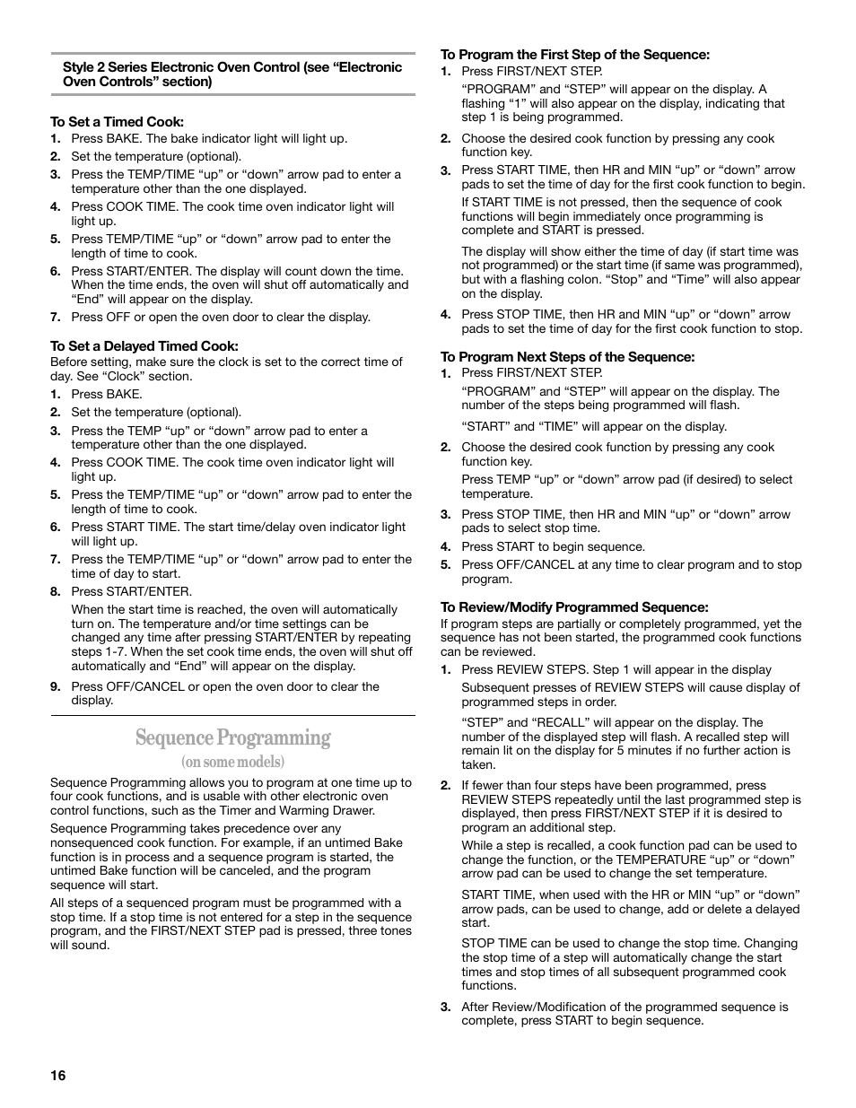 Sequence programming, On some models) | Whirlpool 9754384 User Manual | Page 16 / 24