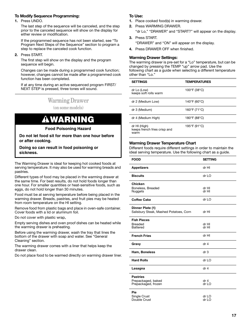 Warning, Warming drawer, On some models) | Whirlpool 9754384 User Manual | Page 17 / 24
