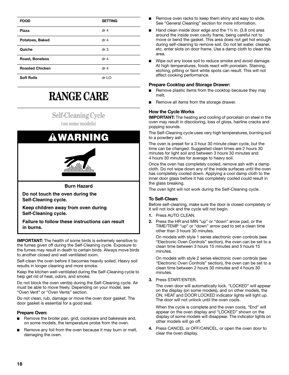 Range care, Warning, Self-cleaning cycle | On some models) | Whirlpool 9754384 User Manual | Page 18 / 24