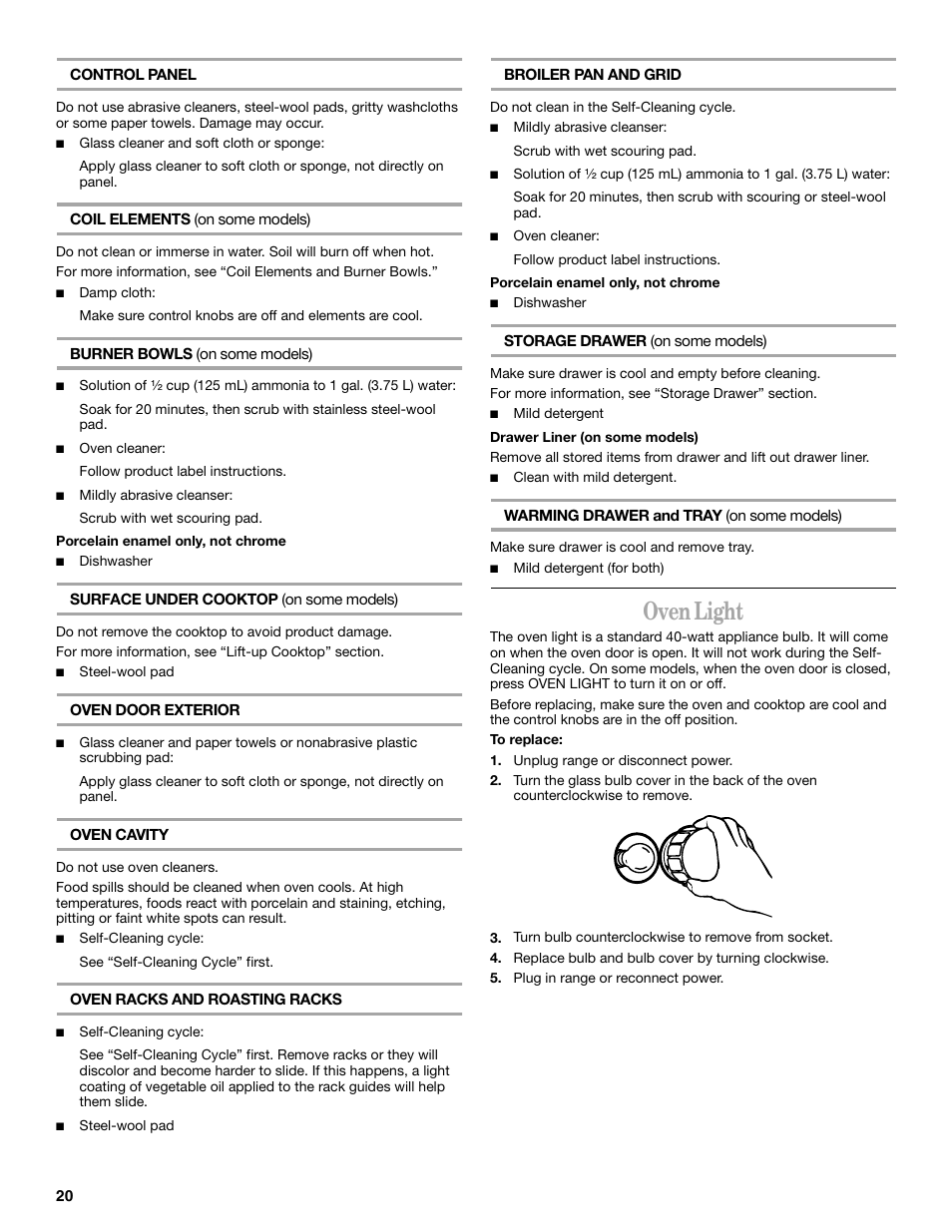 Oven light | Whirlpool 9754384 User Manual | Page 20 / 24