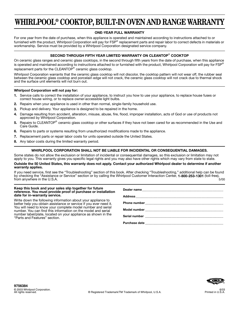 Whirlpool, Cooktop, built-in oven and range warranty | Whirlpool 9754384 User Manual | Page 24 / 24