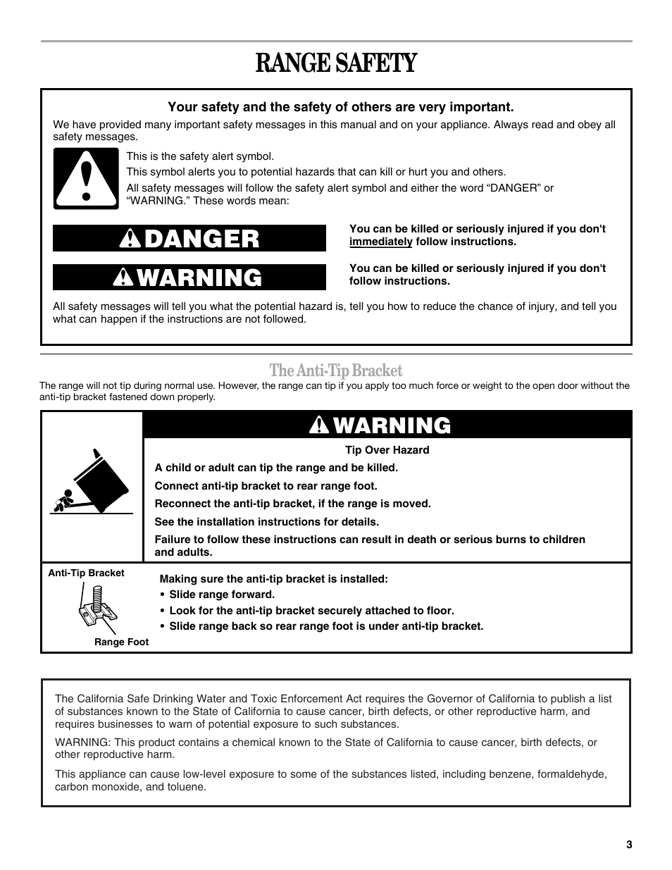 Range safety, Warning, The anti-tip bracket | Whirlpool 9754384 User Manual | Page 3 / 24