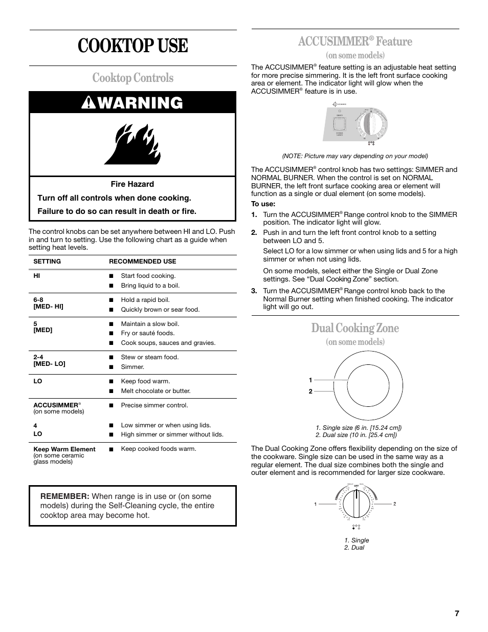 Cooktop use, Warning, Cooktop controls | Accusimmer, Feature, Dual cooking zone, On some models) | Whirlpool 9754384 User Manual | Page 7 / 24