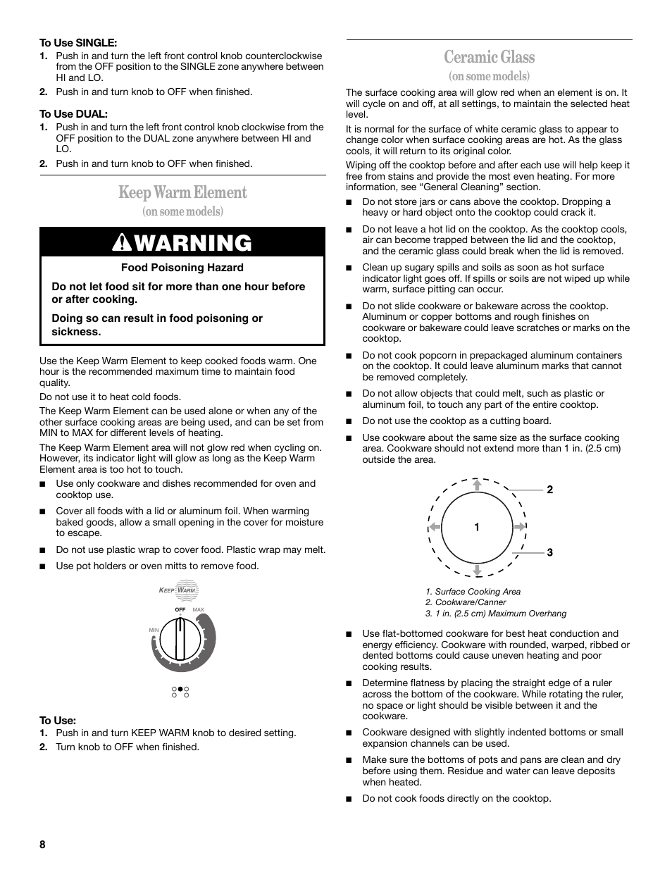 Warning, Keep warm element, Ceramic glass | On some models) | Whirlpool 9754384 User Manual | Page 8 / 24