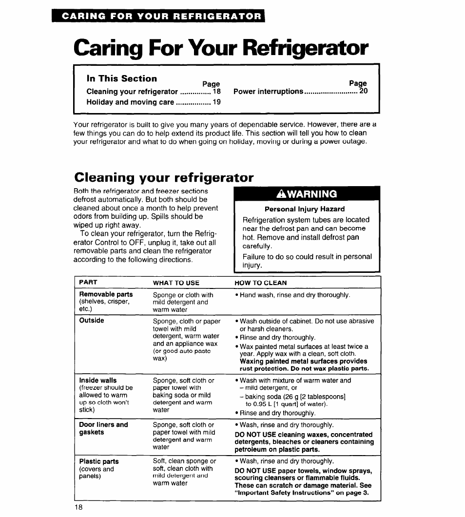Caring for your refrigerator, Cleaning your refrigerator, Awarning | Whirlpool 4ED25DQ User Manual | Page 18 / 24