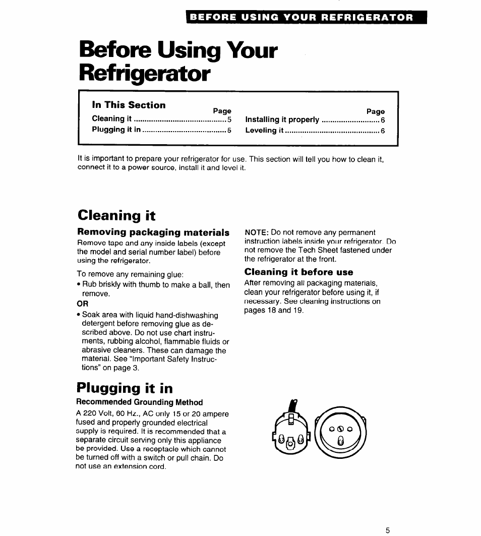 Before using your refrigerator, Removing packaging materials, Cleaning it before use | Cleaning it, Plugging it in | Whirlpool 4ED25DQ User Manual | Page 5 / 24