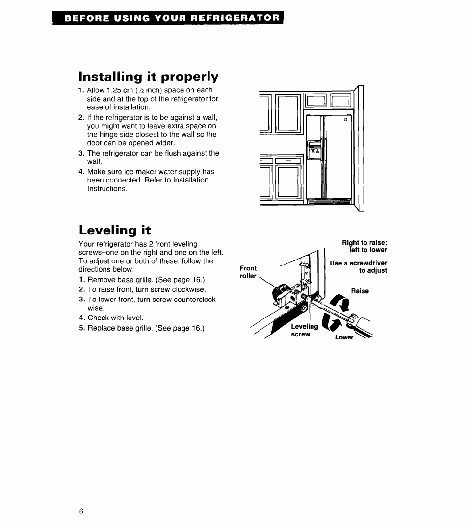 Installing it properly, Leveling it | Whirlpool 4ED25DQ User Manual | Page 6 / 24