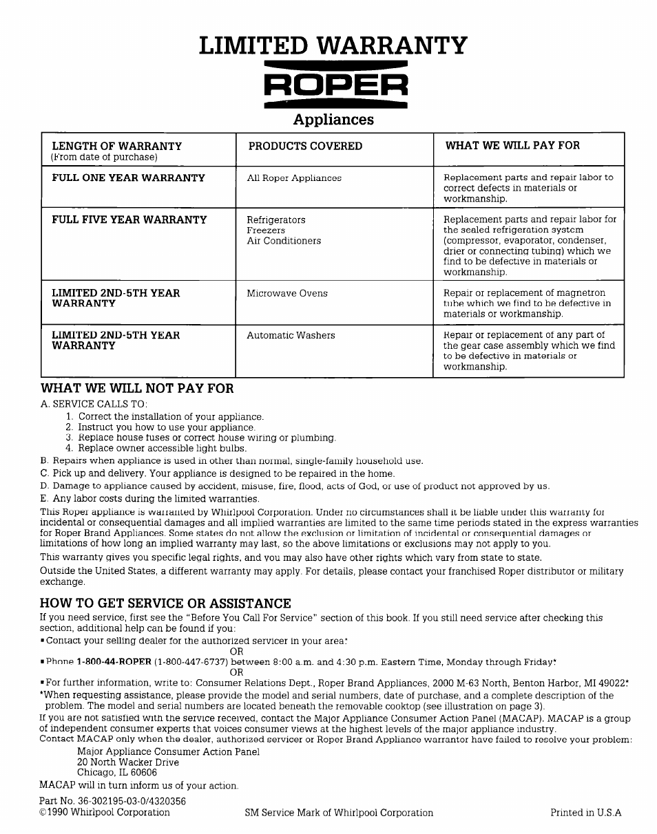 Limited warranty, Appliances | Whirlpool FGS395V User Manual | Page 16 / 16