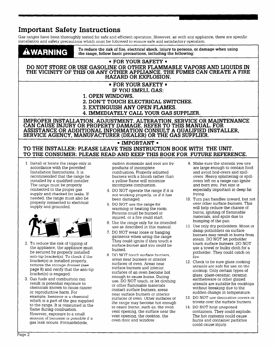 Important safety instructions, Warning | Whirlpool FGS395V User Manual | Page 2 / 16