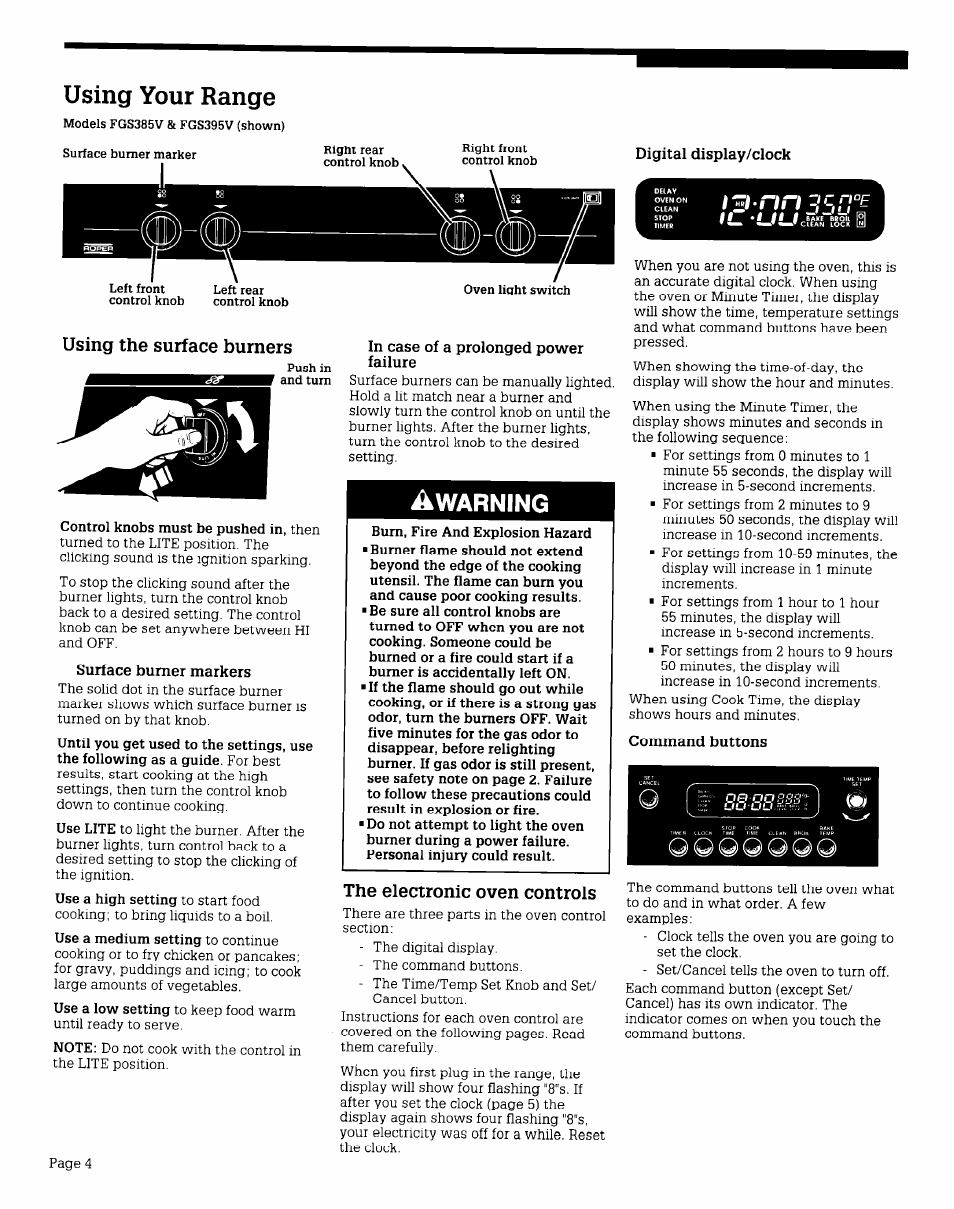 Using the surface burners, Surface burner markers, The electronic oven controls | Digital display/clock, In case of a prolonged power failure, Command buttons, Using your range | Whirlpool FGS395V User Manual | Page 4 / 16