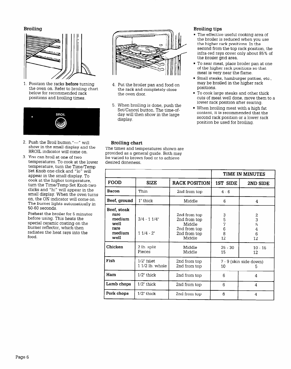 Broiling, Broiling chart, Broiling tips | Whirlpool FGS395V User Manual | Page 6 / 16