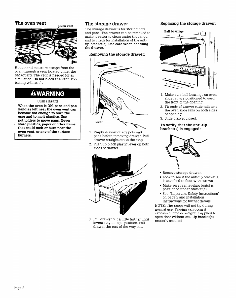 The storage drawer, Replacing the storage drawer, Warning | Whirlpool FGS395V User Manual | Page 8 / 16