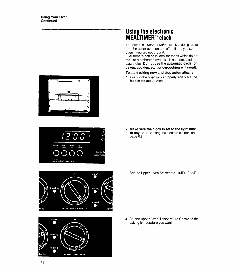 Using the electronic mealtimer ^ clock, To start baking now and stop automaticaiiy, O o o o | Whirlpool RB170PXX User Manual | Page 18 / 32