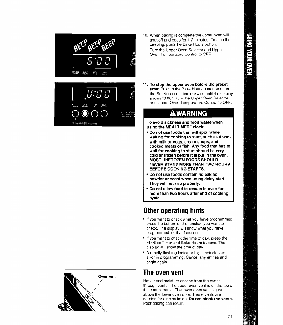 Other operating hints, The oven vent, Other operating hints the oven vent | О®оо, Warning | Whirlpool RB170PXX User Manual | Page 21 / 32