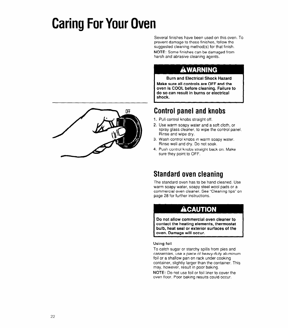 Caring for your oven, Control panel and knobs, Standard oven cleaning | Using foil, Control panel and knobs standard oven cleaning, Awarning, Caution | Whirlpool RB170PXX User Manual | Page 22 / 32
