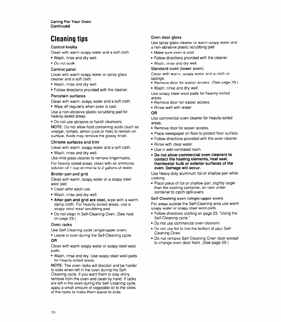 Cleaning tips, Controi knobs, Chrome surfaces and trim | Oven racks, Oven door glass | Whirlpool RB170PXX User Manual | Page 28 / 32