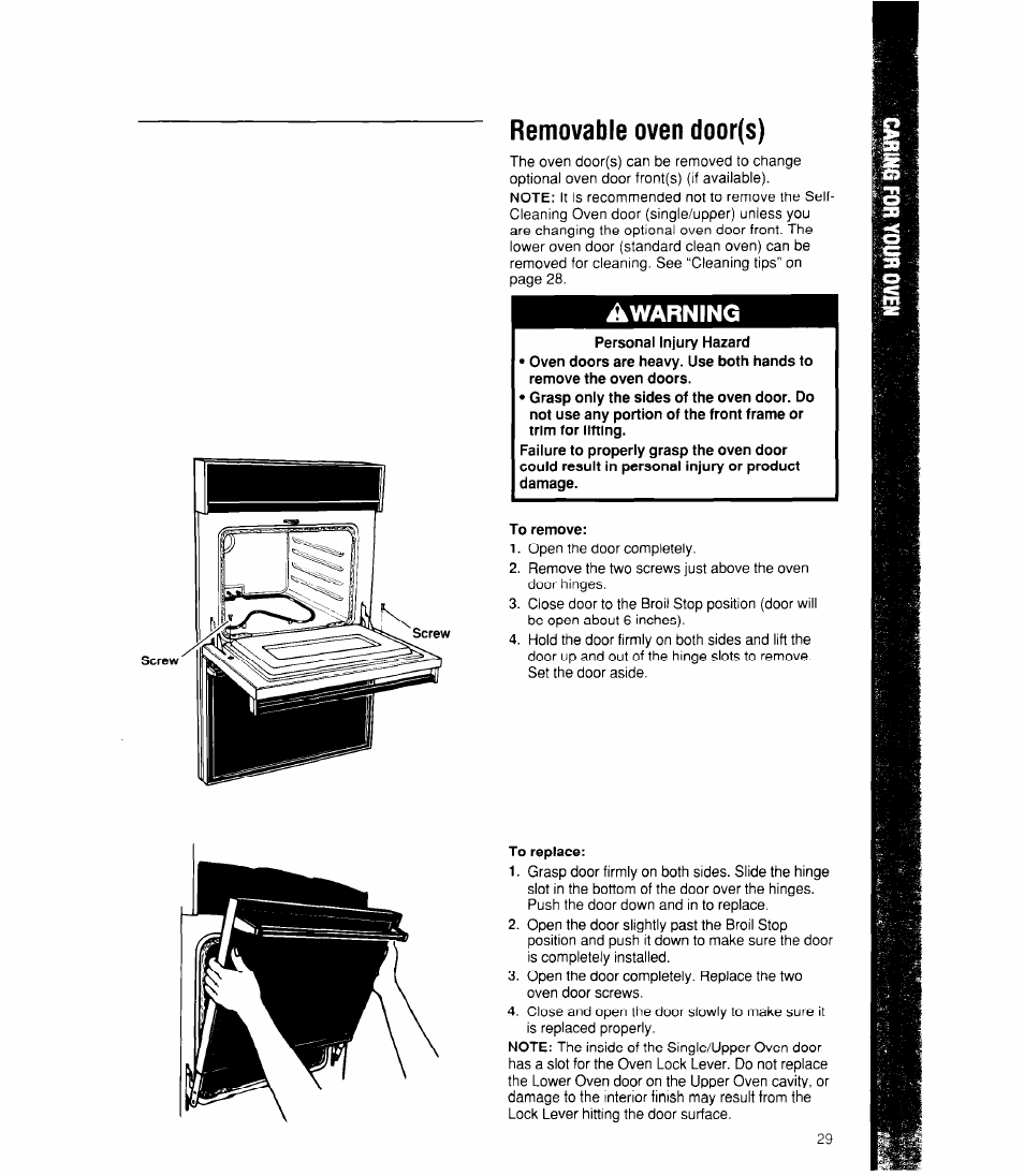 Removable oven door(s), To remove, To replace | Awarning | Whirlpool RB170PXX User Manual | Page 29 / 32