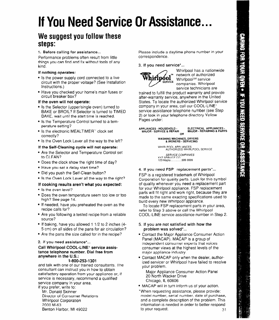 If you need service or assistance, We suggest you follow these steps, Before calling for assistance | If you need assistance, If you need service, If you need fsp replacement parts | Whirlpool RB170PXX User Manual | Page 31 / 32