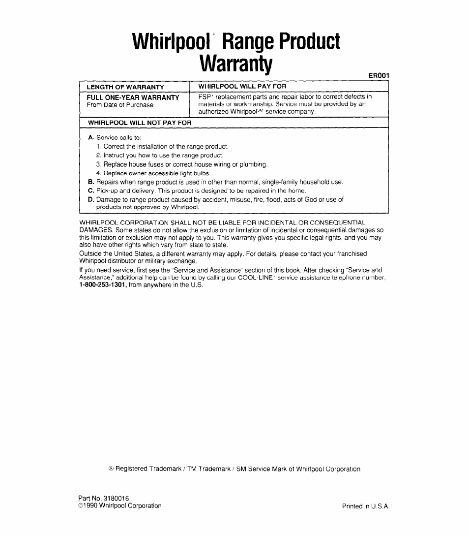 Whirlpool range product warranty, Length of warranty, Whirlpool will pay for | Full one-year warranty, Whirlpool will not pay for | Whirlpool RB170PXX User Manual | Page 32 / 32