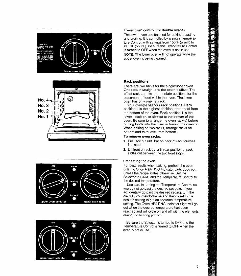 Lower oven control (for double ovens), Rack positions, Preheating the oven | Whirlpool RB170PXX User Manual | Page 9 / 32