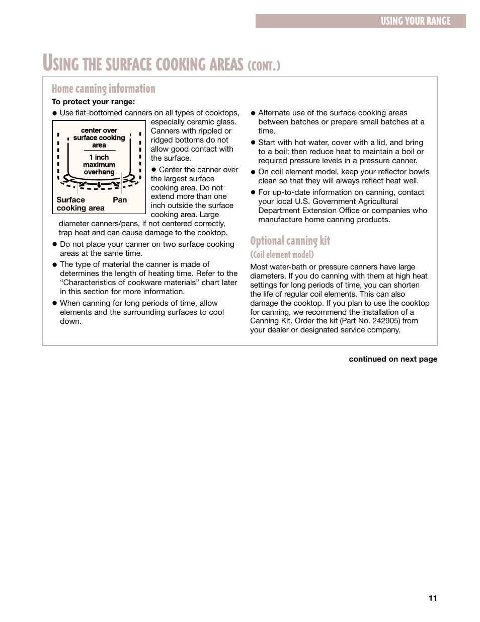 Sing the surface cooking areas, Cont, Home canning information | Optional canning kit, Using your range | Whirlpool GR395LXG User Manual | Page 11 / 46