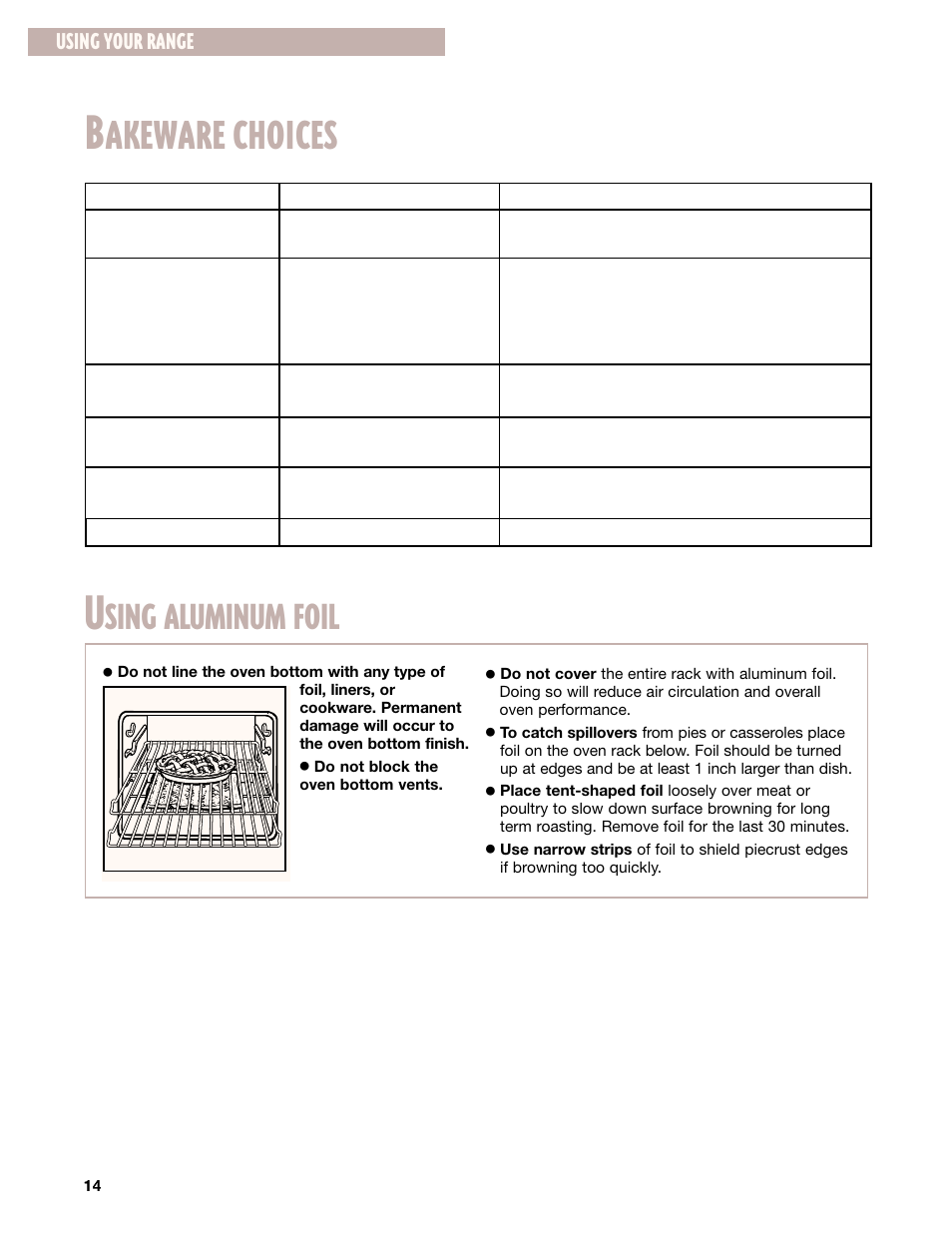 Bakeware choices, Using aluminum foil, Akeware choices | Sing aluminum foil, Using your range | Whirlpool GR395LXG User Manual | Page 14 / 46