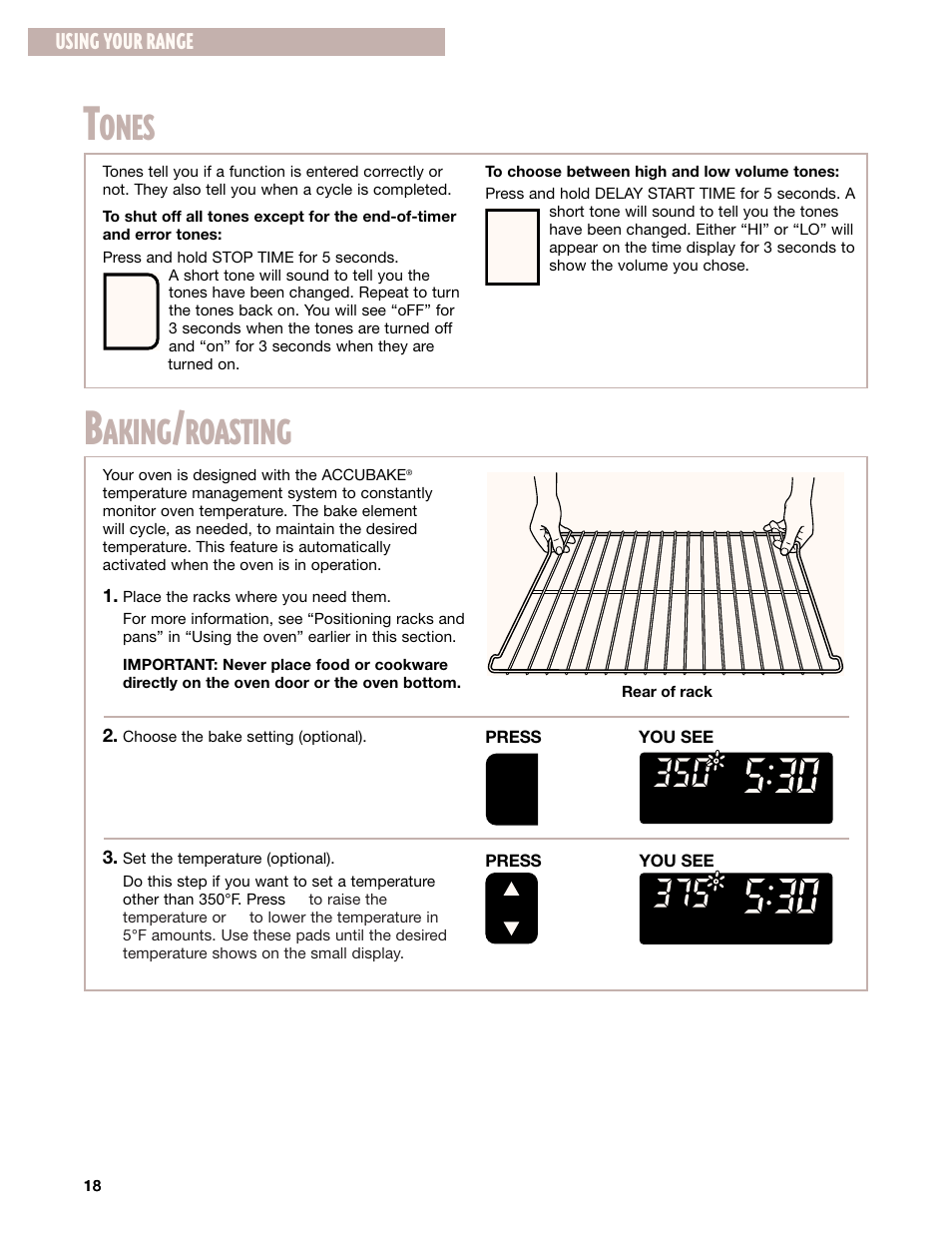 Tones, Baking/roasting, Ones | Aking, Roasting, Using your range | Whirlpool GR395LXG User Manual | Page 18 / 46