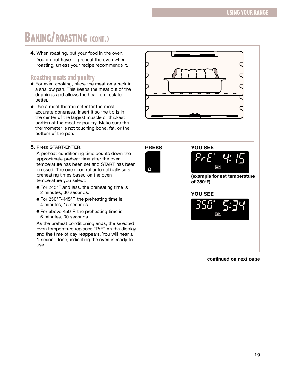 Aking, Roasting, Cont | Roasting meats and poultry, Using your range | Whirlpool GR395LXG User Manual | Page 19 / 46