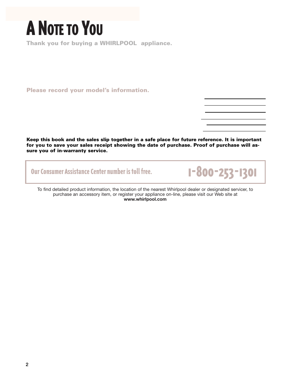 A note to you, Ote to | Whirlpool GR395LXG User Manual | Page 2 / 46