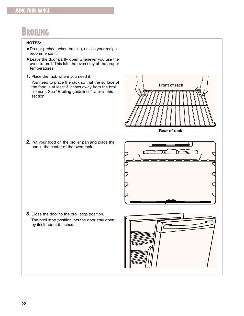 Broiling, Roiling, Using your range | Whirlpool GR395LXG User Manual | Page 22 / 46