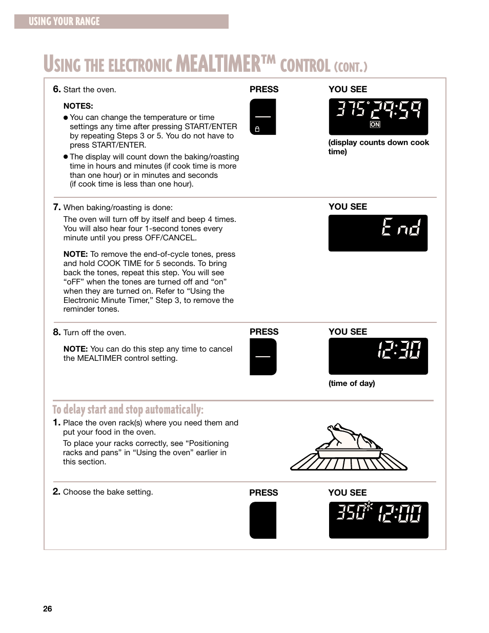 Mealtimer, Sing the electronic, Control | Cont, Using your range | Whirlpool GR395LXG User Manual | Page 26 / 46