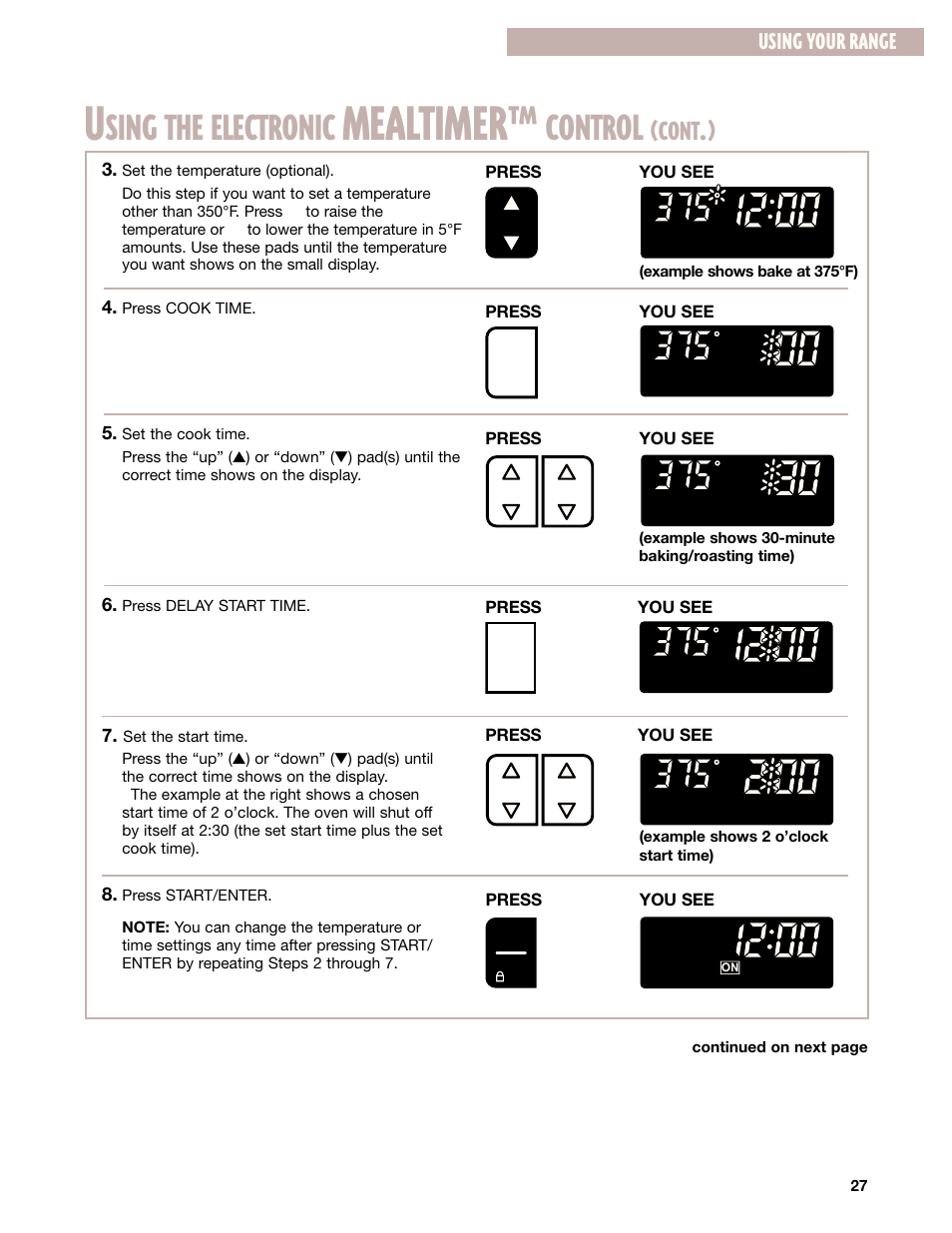 Mealtimer, Sing the electronic, Control | Cont, Using your range | Whirlpool GR395LXG User Manual | Page 27 / 46
