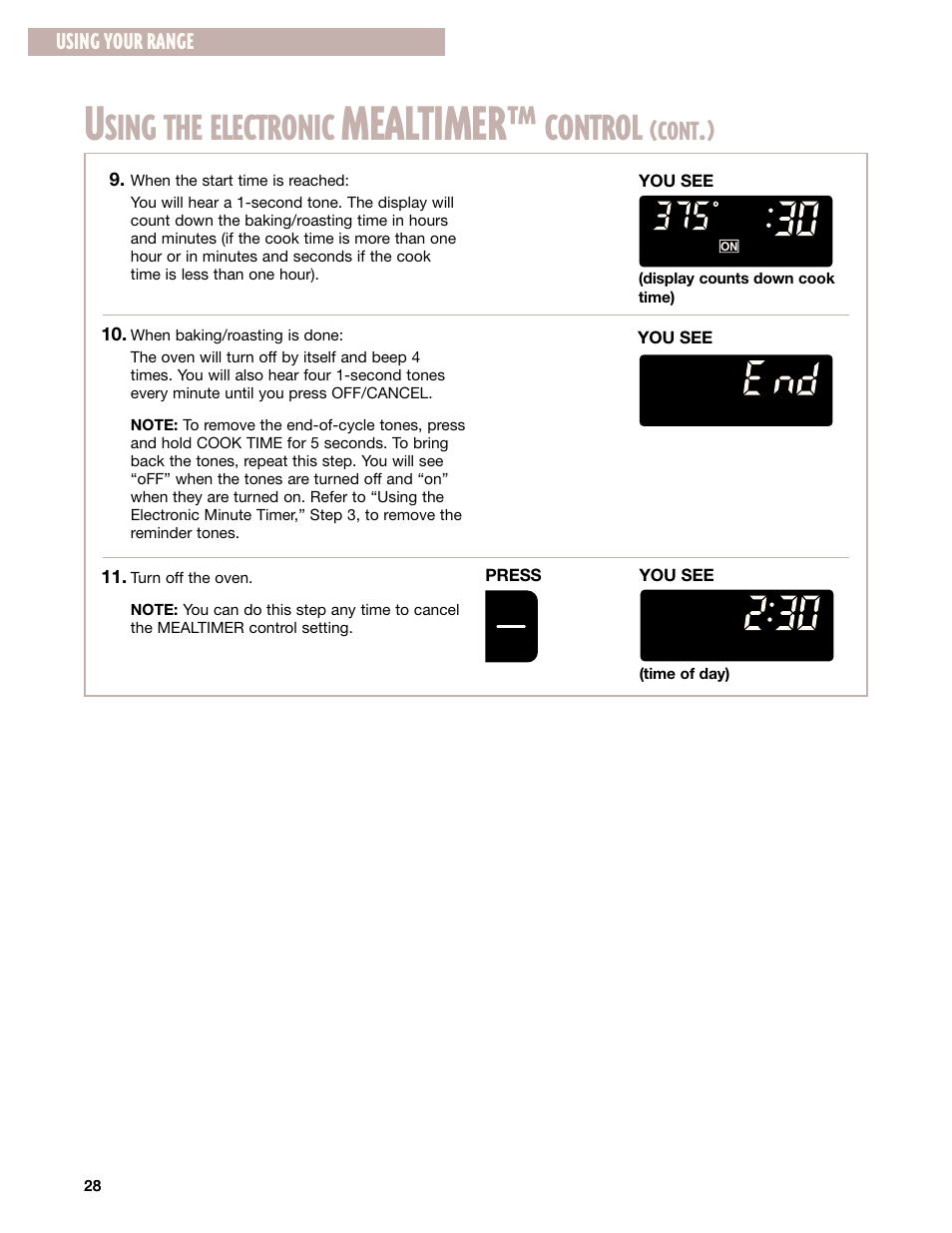 Mealtimer, Sing the electronic, Control | Cont, Using your range | Whirlpool GR395LXG User Manual | Page 28 / 46