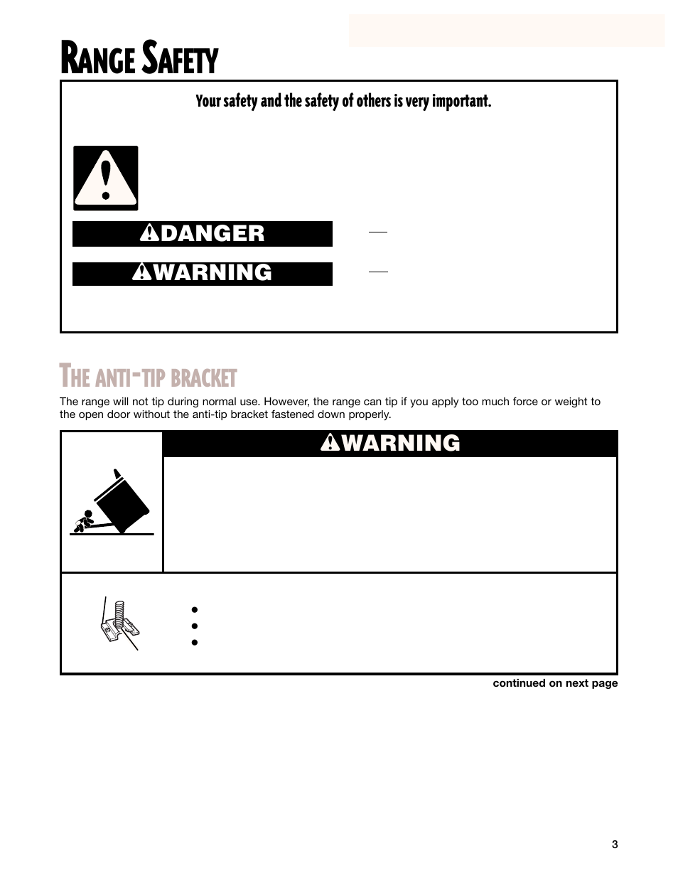 Safety, Ange, Afety | He anti, Tip bracket, Wdanger w warning, Wwarning | Whirlpool GR395LXG User Manual | Page 3 / 46