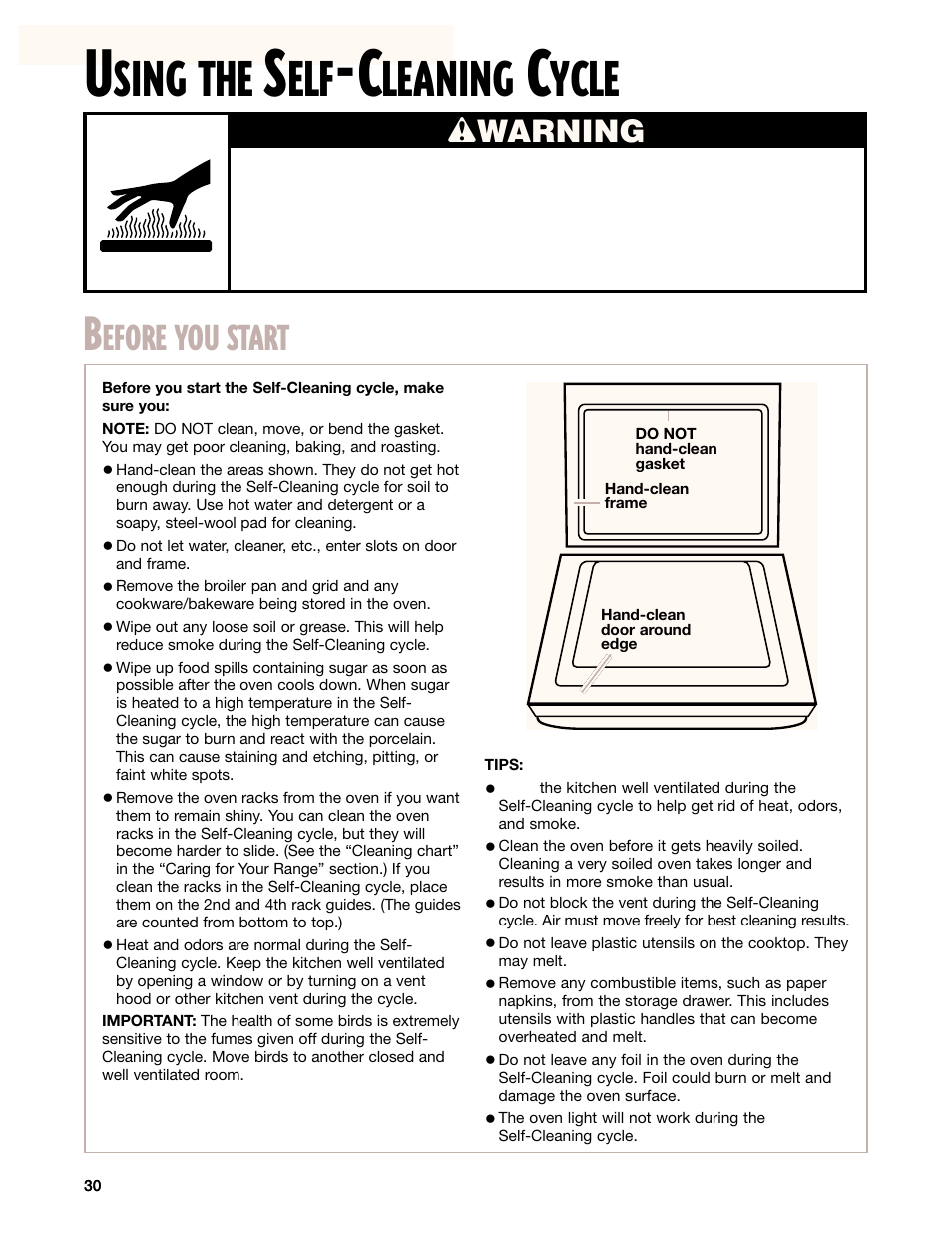 Using the self-cleaning cycle, Sing the, Leaning | Ycle, Efore you start, Wwarning | Whirlpool GR395LXG User Manual | Page 30 / 46