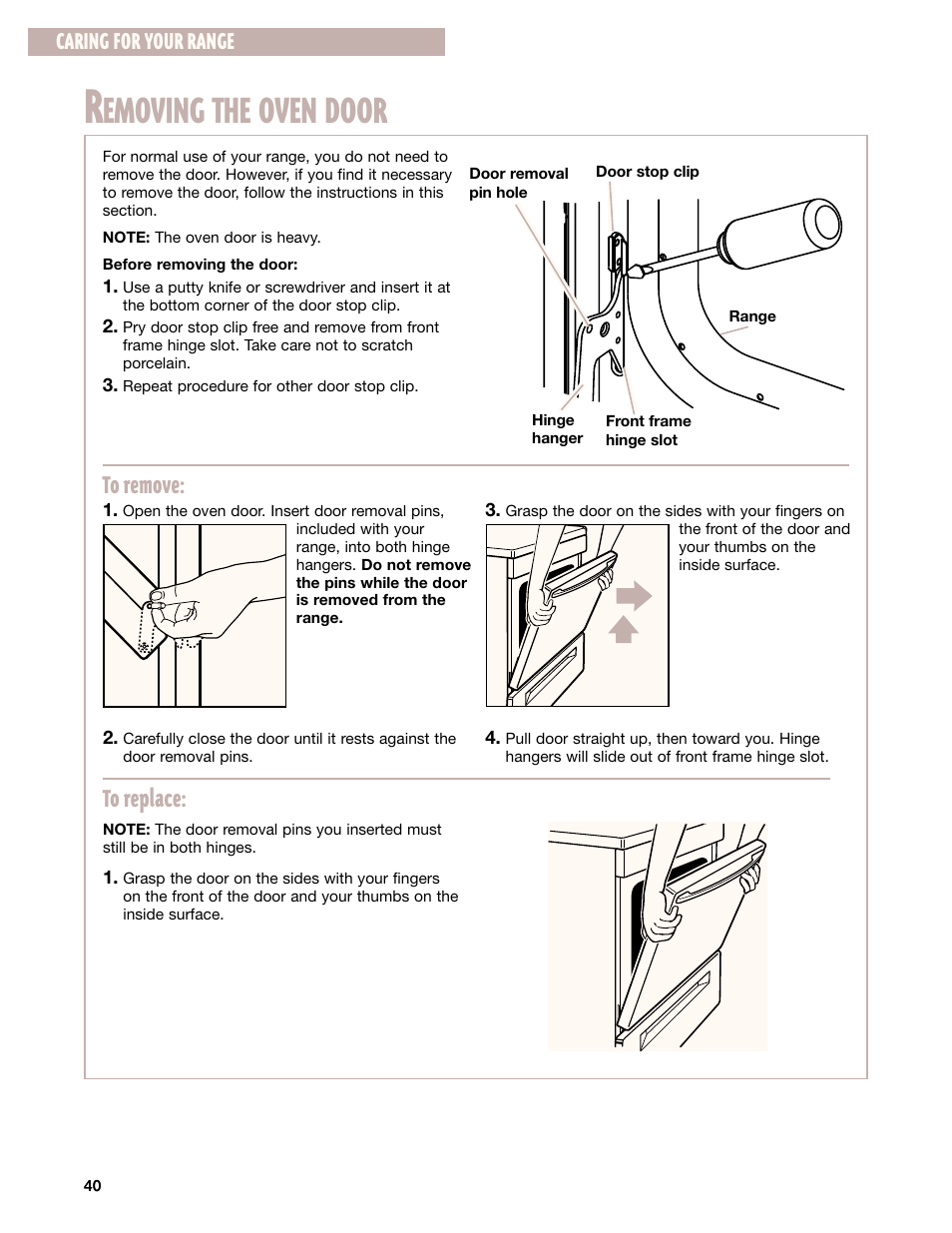 Removing the oven door, Emoving the oven door, Caring for your range | Whirlpool GR395LXG User Manual | Page 40 / 46