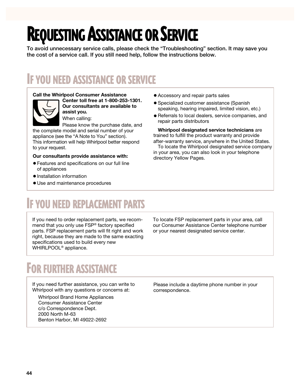 Requesting assistance or service, Equesting, Ssistance | Ervice, Need, Assistance, Service, Replacement, Parts, Further | Whirlpool GR395LXG User Manual | Page 44 / 46