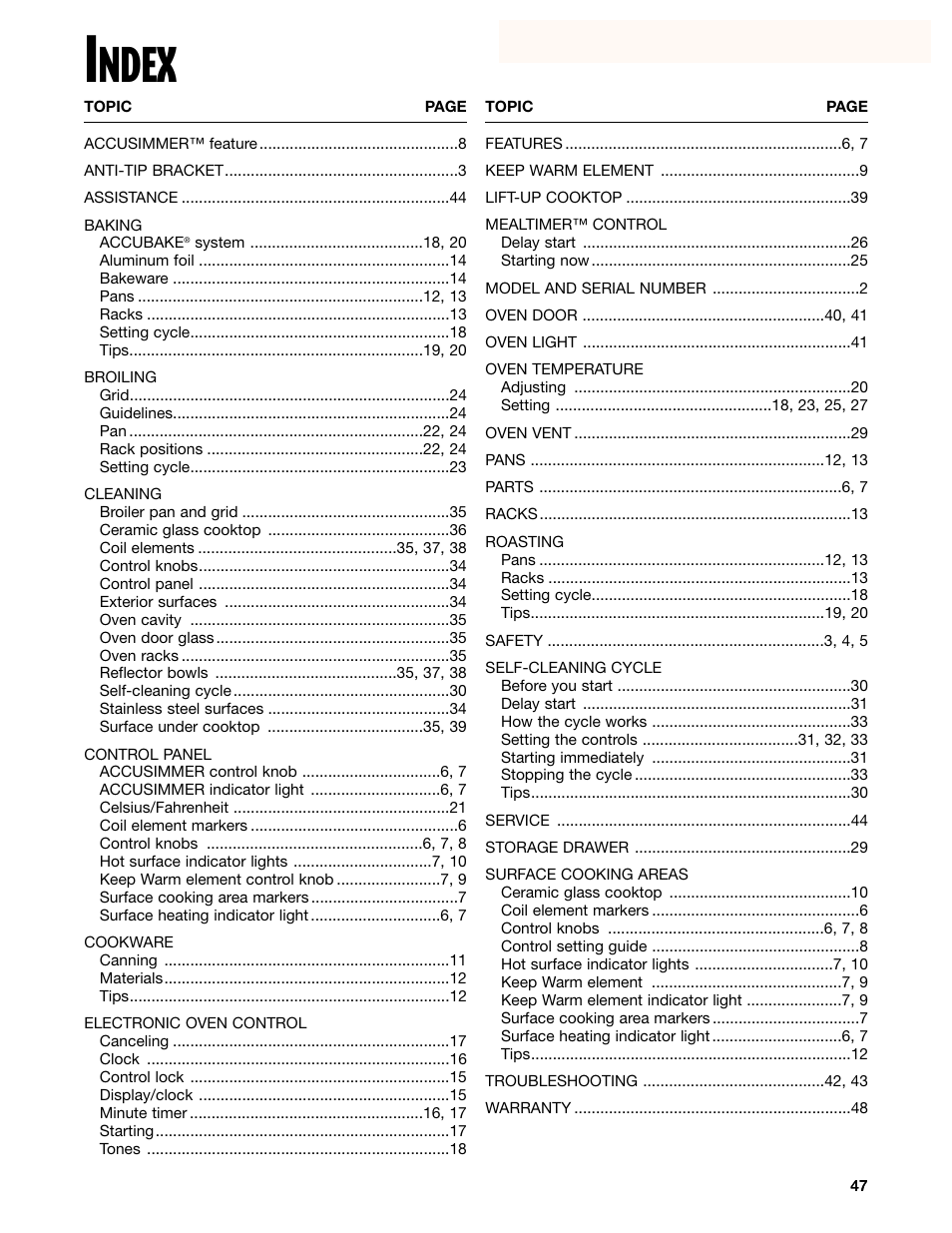 Index, Ndex | Whirlpool GR395LXG User Manual | Page 45 / 46