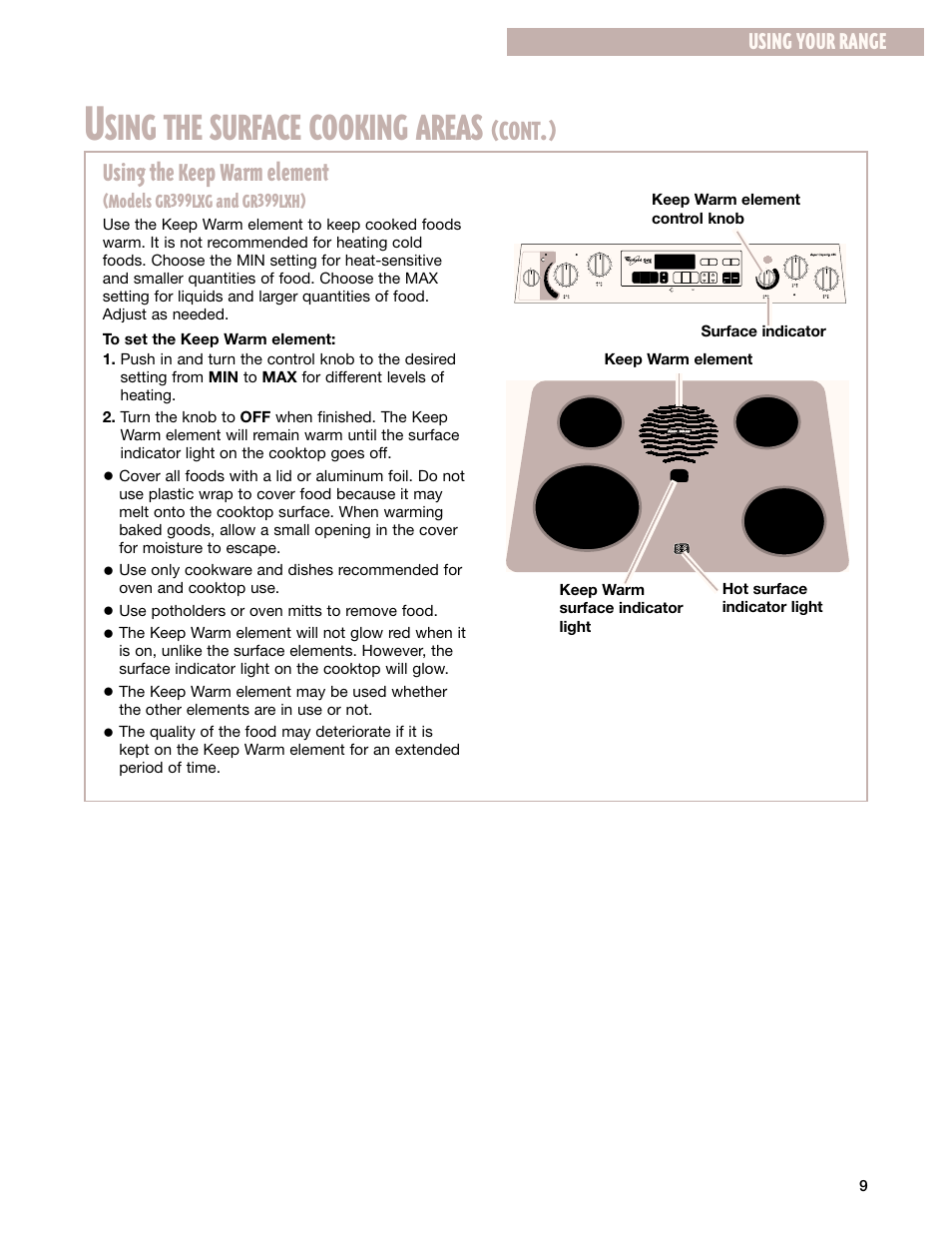 Sing the surface cooking areas, Cont, Using the keep warm element | Using your range | Whirlpool GR395LXG User Manual | Page 9 / 46